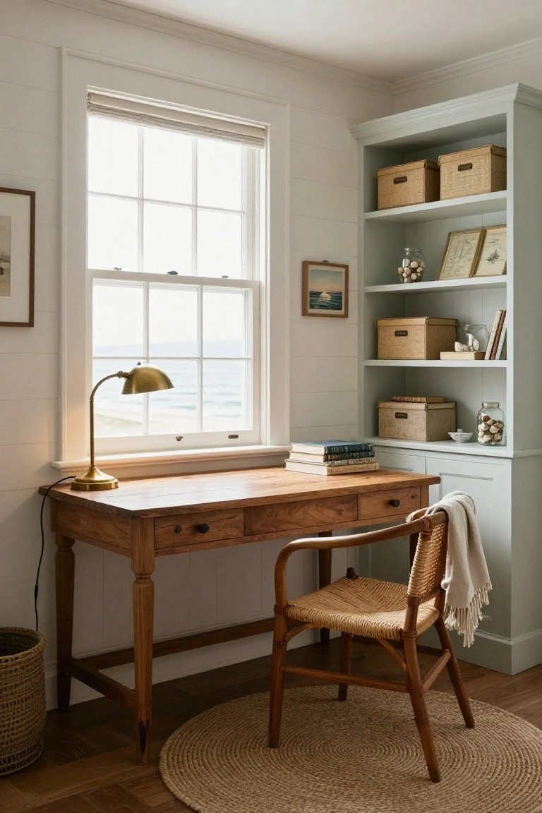 Corner office with wooden desk, rattan armchair draped with a throw, brass banker's lamp, built-in pale blue shelving holding books, boxes, jars of seashells, and small sculptures, next to a large window showing the ocean.