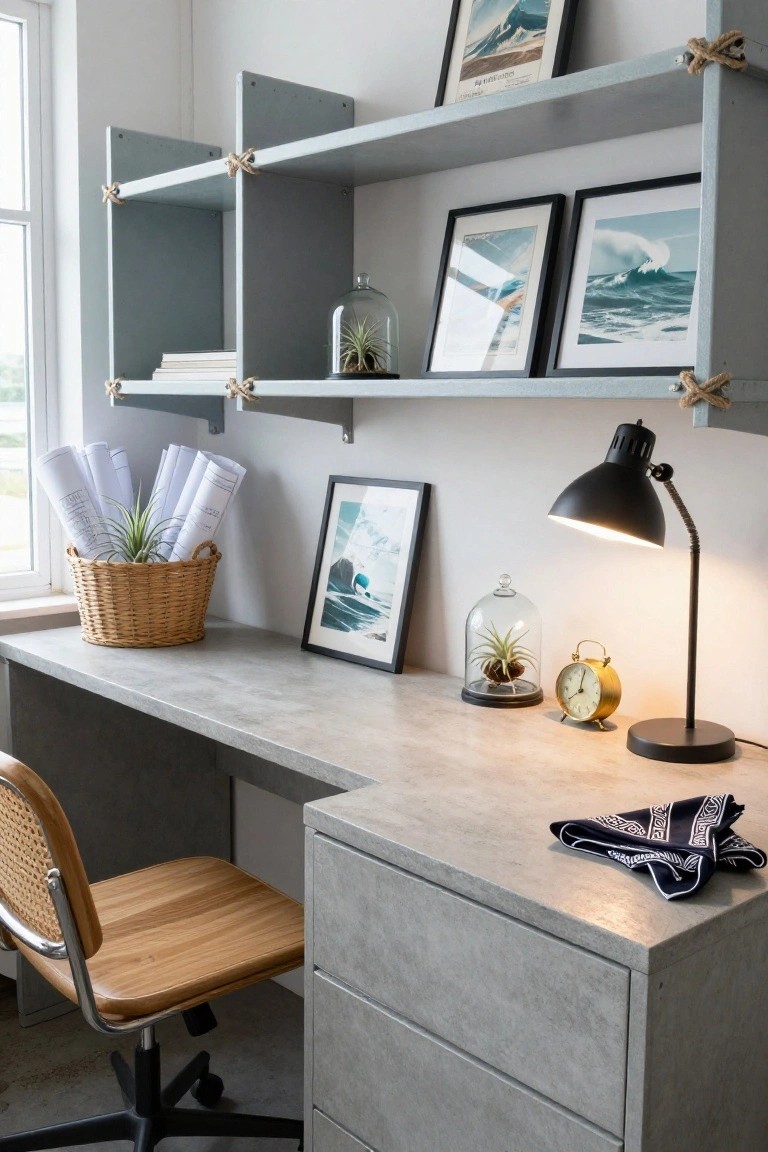Home office featuring an L-shaped concrete desk with rattan chair, open gray shelves tied with rope holding books plants and ocean photos, black adjustable lamp, gold clock, and basket of rolled blueprints on the desk.