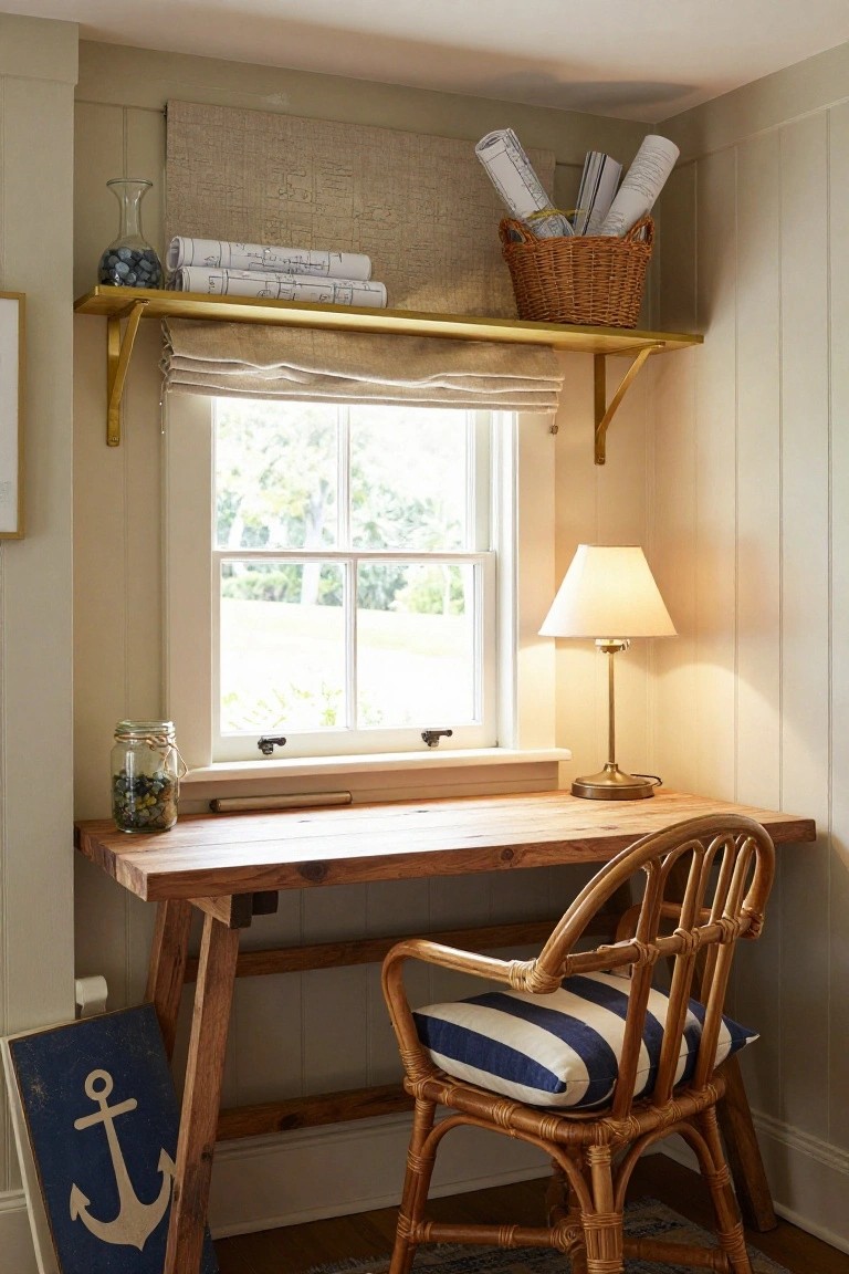 Cozy wooden desk with rattan chair under window and brass shelf.