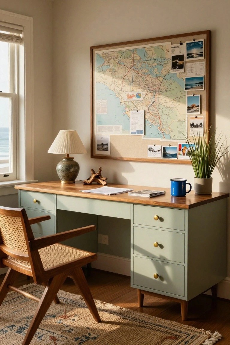 Sage green desk with wood top and brass pulls in a light interior room, rattan chair nearby, table lamp, corkboard with map and photos on wall, window showing ocean view.