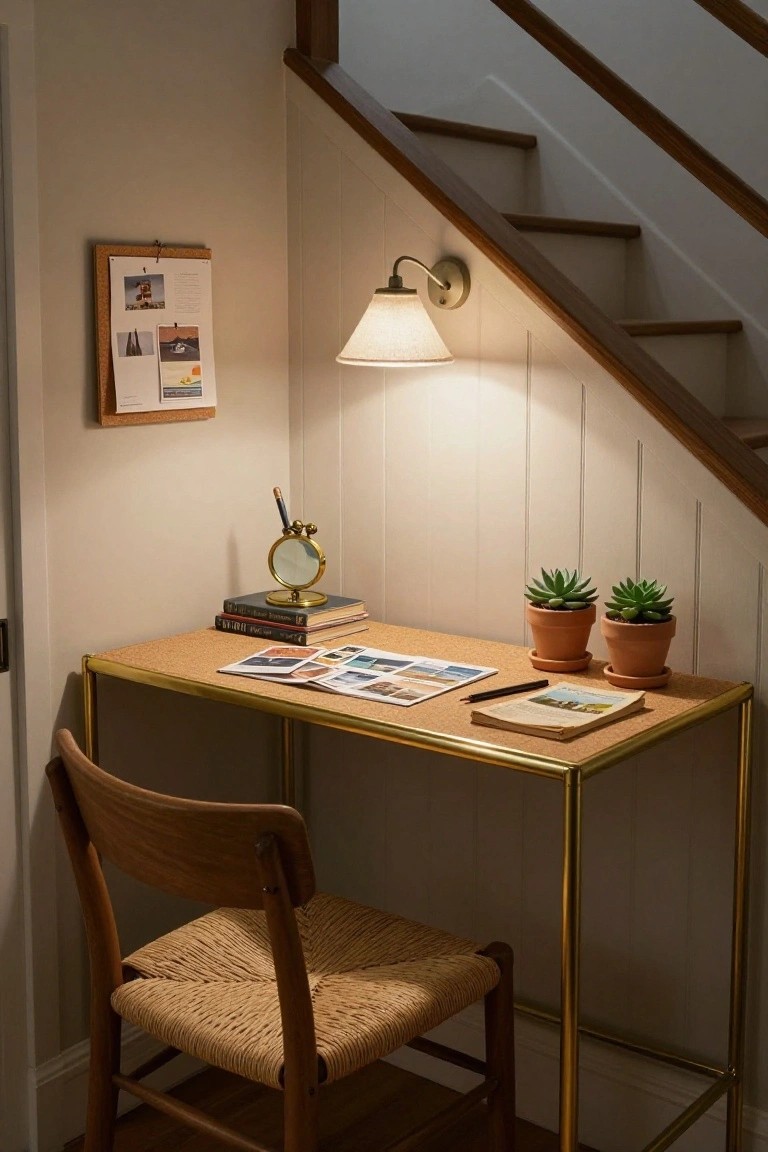 Cozy cork desk with brass frame under wooden staircase, with woven chair and plants.