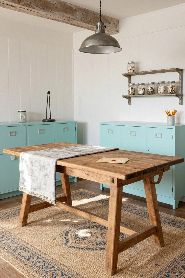 Home office interior featuring turquoise metal filing cabinets, a rustic wooden trestle desk with a runner and letter, white shiplap walls, wooden beam ceiling, metal pendant light, and shelves with jars of seashells.