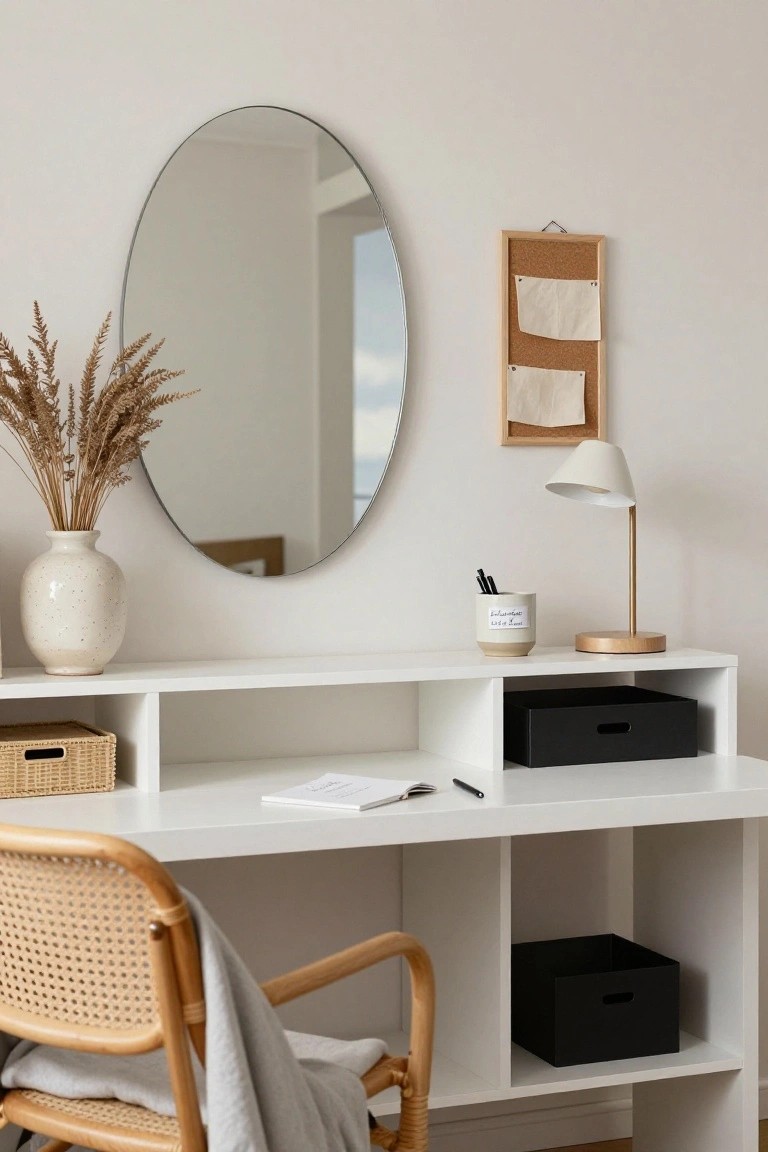White modular desk with open shelves and cubbies holding baskets and boxes, rattan chair with gray throw, oval mirror, pampas grass in ceramic vase, desk lamp, and corkboard on a light wall.