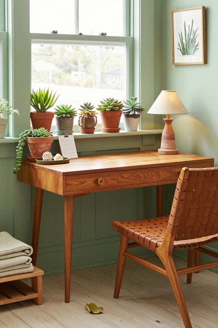 Wooden desk and woven leather chair by window with potted succulents and lamp.