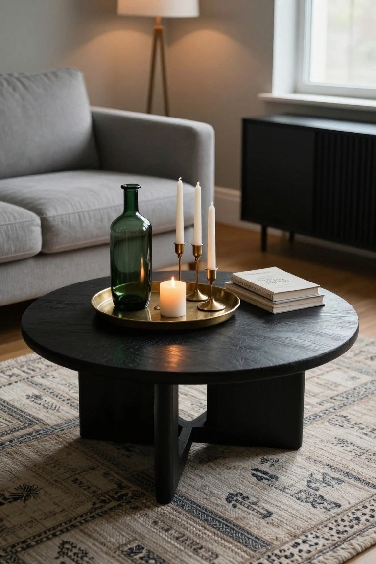 Round black wood coffee table on a beige patterned rug in front of a light grey sofa, styled with a brass tray holding a green glass bottle, white pillar and taper candles in gold holders, and two stacked white books, next to a tripod floor lamp and black sideboard in a room with a window.