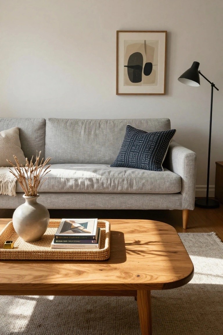 Light grey linen sofa with cream and navy pillows in a sunlit living room, wooden coffee table centered with woven tray holding stacked books, terracotta vase of dried pampas grasses, and small gold box, abstract beige artwork on wall, floor lamp nearby.