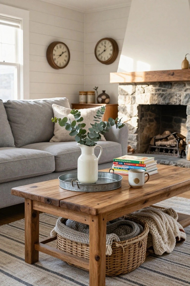 Light grey sofa facing a rustic wooden coffee table with a metal tray holding a white pitcher of eucalyptus, stacked books, and a ceramic mug, plus a woven basket of blankets stored underneath, in a cozy room with a stone fireplace.