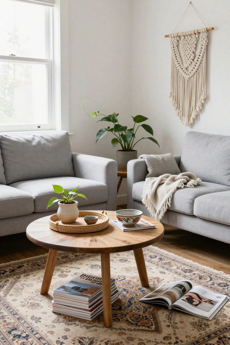 Cozy living room with gray sofas, round wooden coffee table, and macrame wall hanging.