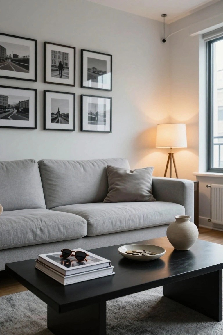 Light grey linen sofa in a white-walled living room with black rectangular coffee table holding stacked white books, tortoiseshell sunglasses, white dish of coins, and beige ceramic vase, plus black-framed street photos on wall, tripod floor lamp, and large window.