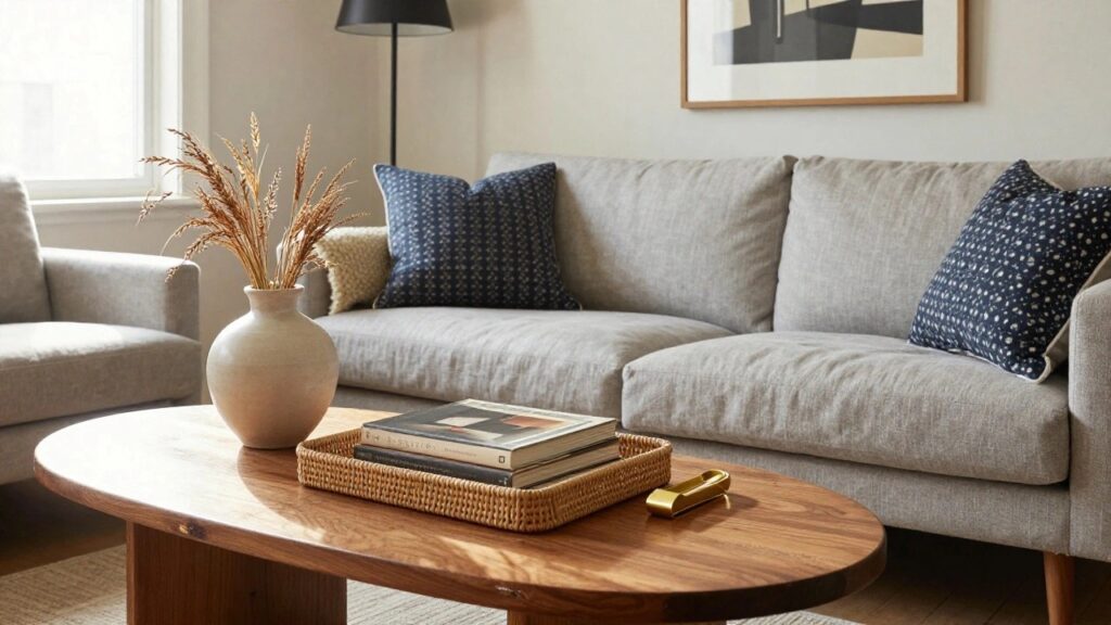 Light grey linen sofa with cream and navy pillows in a sunlit living room, wooden coffee table centered with woven tray holding stacked books, terracotta vase of dried pampas grasses, and small gold box, abstract beige artwork on wall, floor lamp nearby.