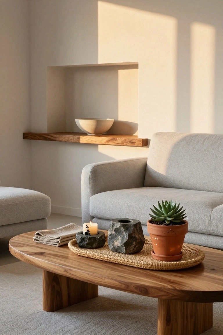 Oval wooden coffee table with woven round tray holding black rocks, lit candle in stone holder, and potted succulent, in front of light grey sofa in minimalist room with wall niche and ottoman.