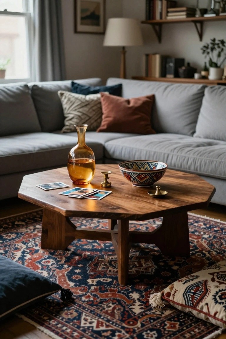 Light grey L-shaped sofa in a living room with octagonal wooden coffee table holding amber glass vase, blue and white patterned bowl, playing cards, brass candlesticks, and saucer on patterned rug with floor pillows nearby.