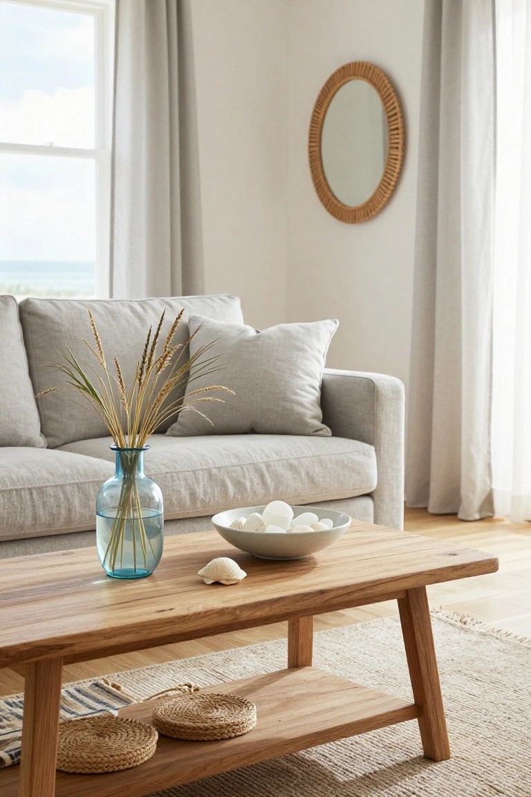 Light grey sofa in a bright living room with white walls and sheer curtains on large windows overlooking the ocean, wooden coffee table with blue vase of pampas grass, bowl of white spheres, seashell, and woven coasters on beige rug.