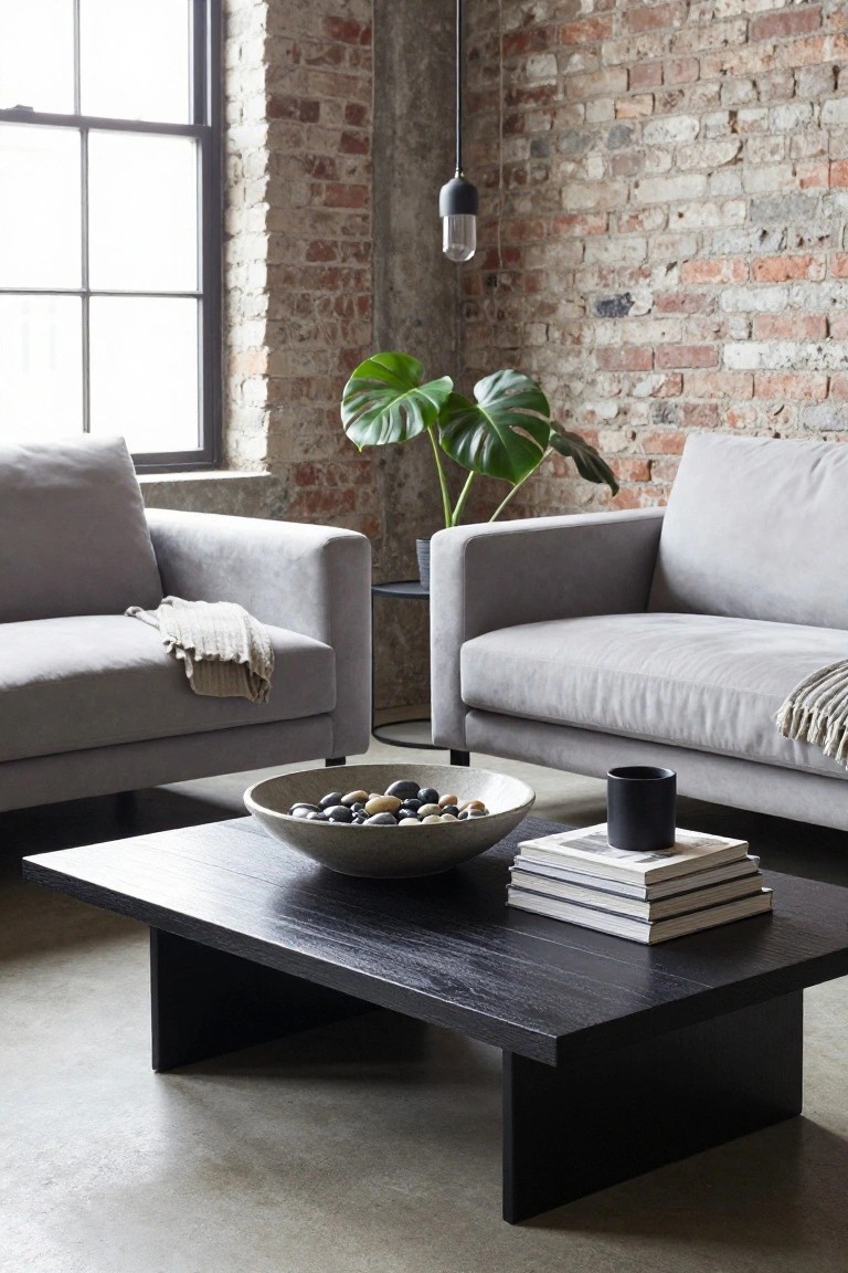 Light grey fabric sofas flank a low black wooden coffee table holding a wide ceramic bowl of smooth pebbles and stacked white books, in a room with exposed brick walls, a monstera plant, and a pendant light.