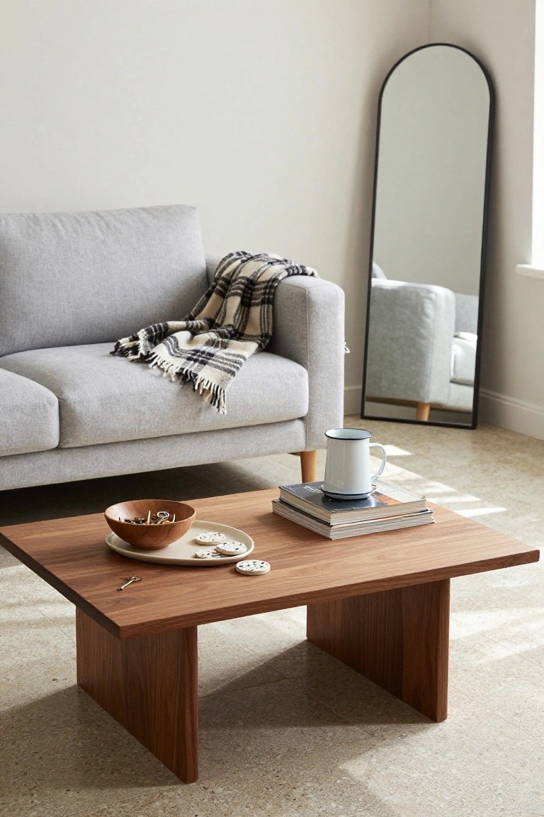 Light grey sofa with black and white plaid throw blanket, arched black floor mirror in corner, low rectangular wooden coffee table with stacked magazines, white enamel mug, wooden bowl containing small items, ceramic plate with round white objects, keys, on light-colored floor with natural light.