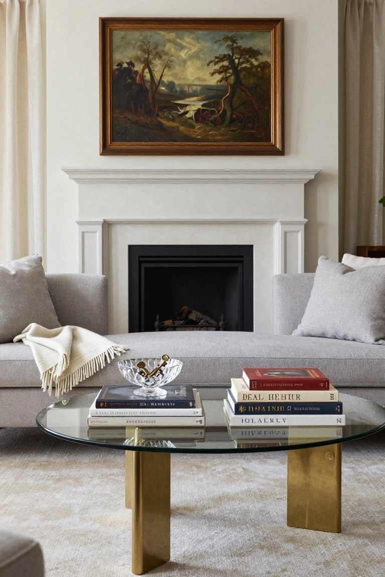 Light grey sofa with white throw draped over arm faces marble fireplace with black insert and oil painting above mantel, glass coffee table with brass legs holds stacked books and faceted crystal bowl containing brass keys on beige area rug.