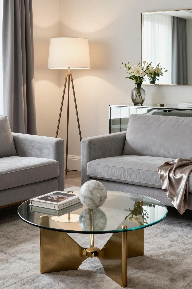 Light grey velvet sofas flank a round glass coffee table with brass legs, styled with stacked books and a white marble sphere, beside a tripod floor lamp and mirrored sideboard in a neutral-toned living room.