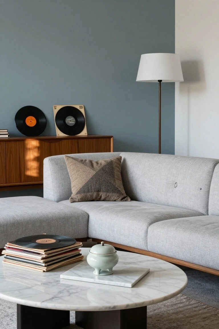 Light gray L-shaped sofa next to round white marble coffee table with stacked vinyl records and books, light green ceramic jar on white marble tray, wooden credenza holding records on teal wall with floor lamp.