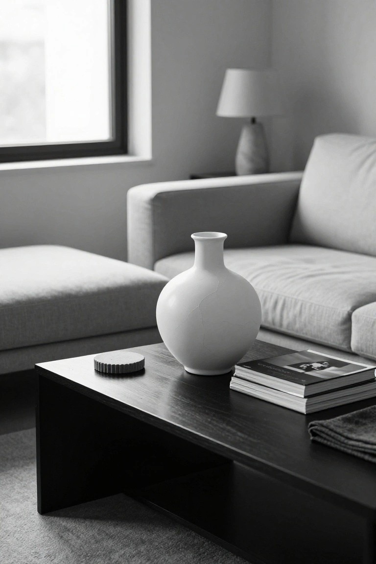 Black-and-white photo of a light grey L-shaped sofa and ottoman around a low dark wood coffee table holding a large bulbous white vase, stacked books, and a small round gray object, with a fabric lamp and window in a minimalist room.