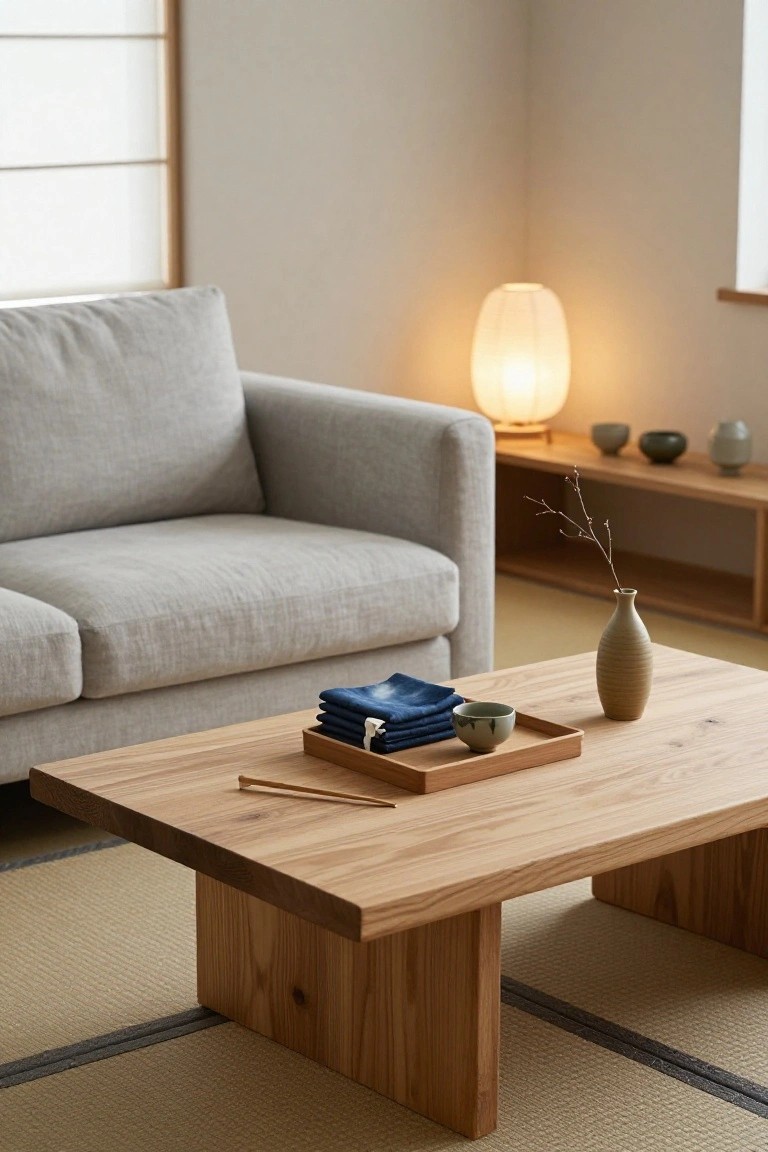 Light grey sofa facing low oak coffee table with wooden tray holding stacked blue napkins, green teacup, chopsticks, and small dish, plus a beige vase with dried branch nearby, in minimalist room with shoji screen and tatami rug.