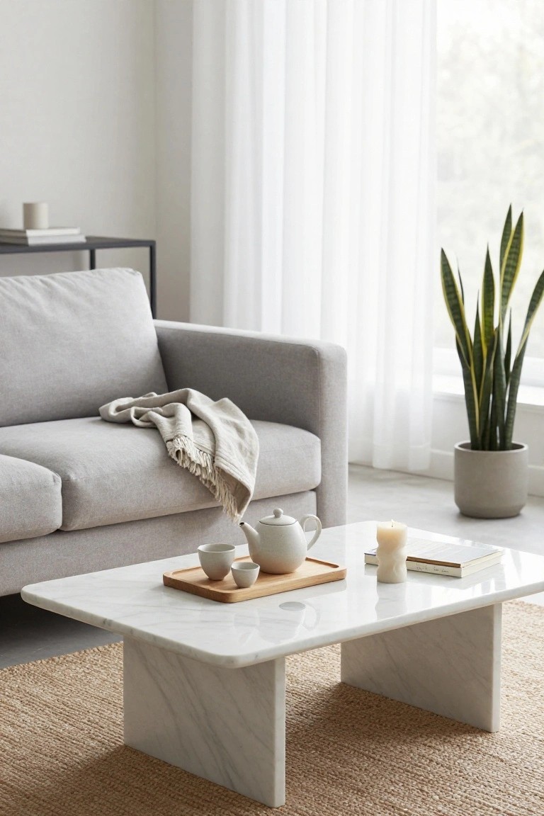 Light grey sofa with beige throw in modern living room, white marble coffee table with wooden tray holding beige teapot and white cups, white candle, and open book, potted snake plant nearby, sheer curtains on window.