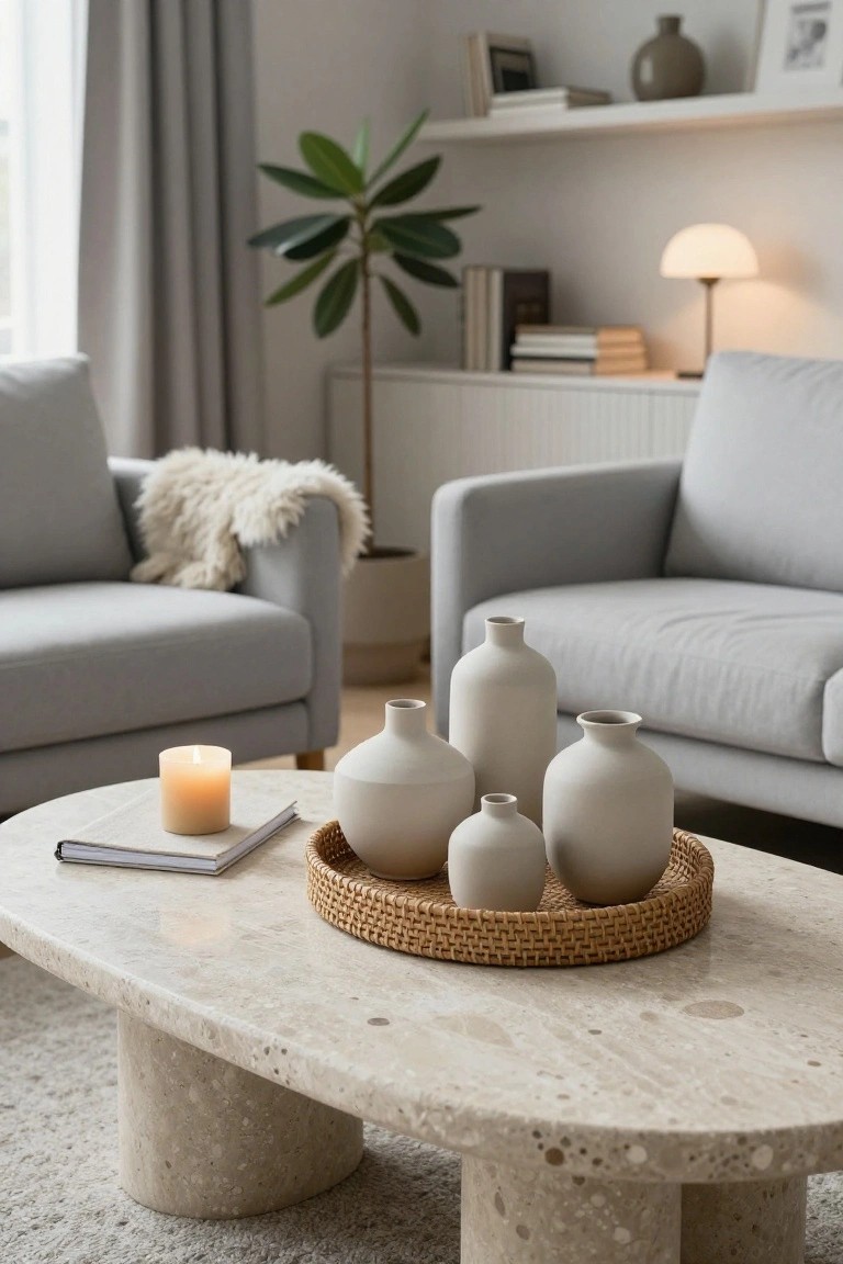A living room with two light grey sofas flanking a round travertine coffee table that holds a rattan tray with several white ceramic vases of different sizes, plus a lit candle and open notebook.