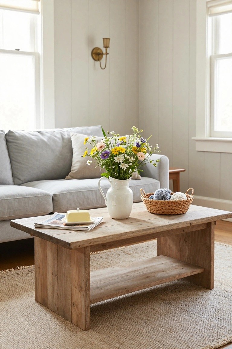 A rustic wooden coffee table in front of a light grey sofa holds a white pitcher of mixed wildflowers, a woven basket with yarn balls, and a butter dish on a magazine, in a room with beige paneled walls and windows with shades.
