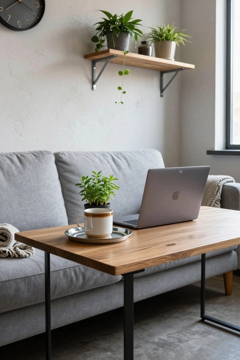 Light grey sofa next to rectangular wood coffee table with black metal legs holding open MacBook laptop, white mug on saucer, small potted herb plant, and small plate; potted plants on wall shelf above, clock on wall, and large window nearby.