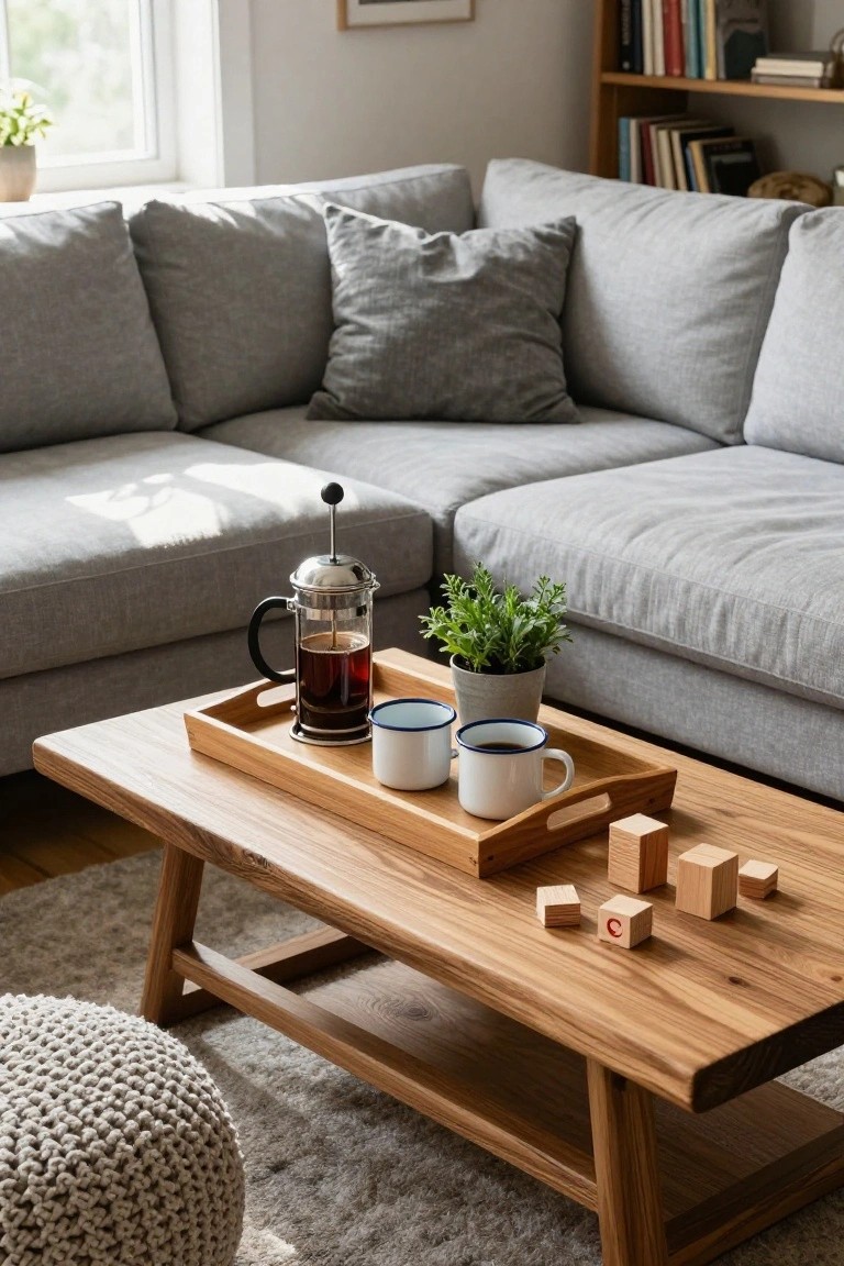 Light grey L-shaped sofa in a sunlit living room with wooden coffee table holding a tray with French press, two enamel mugs, potted herb plant, and small wooden blocks.