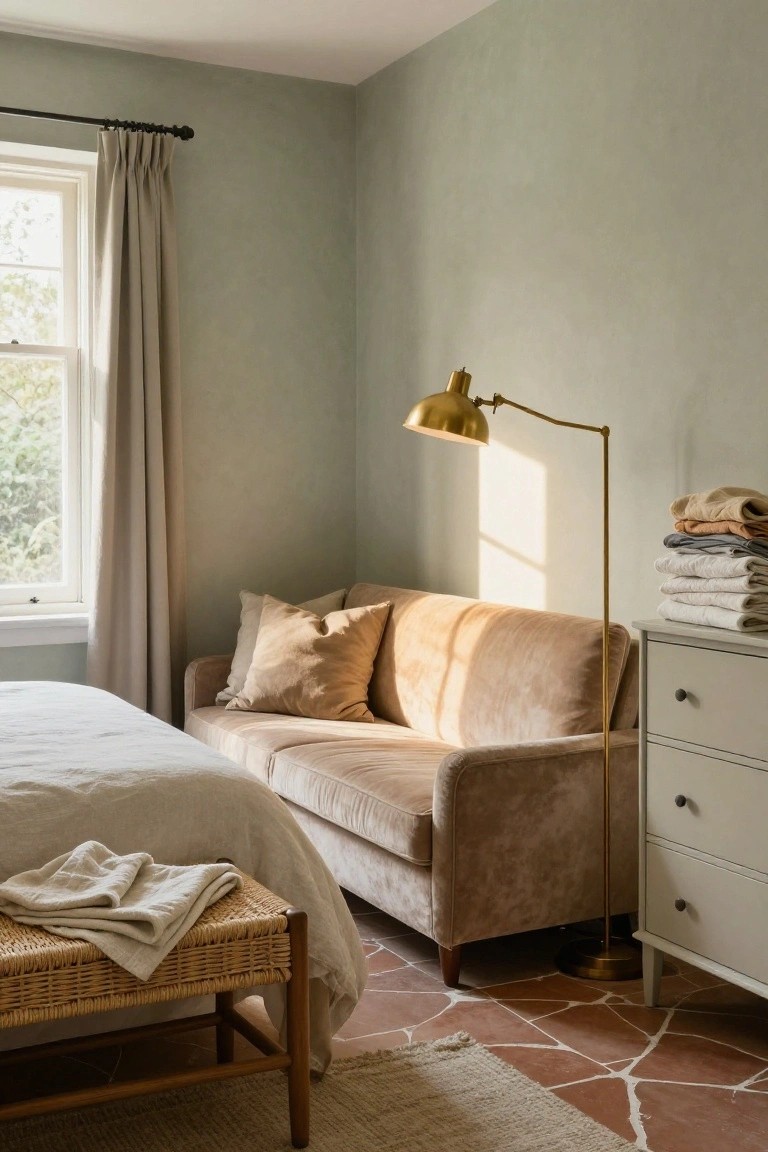 Bedroom corner with cognac velvet sofa next to a white bed, sage green walls, gold arc floor lamp, linen pillows and stacked towels on a dresser, beige linen bench at bed foot, terracotta tile floor.