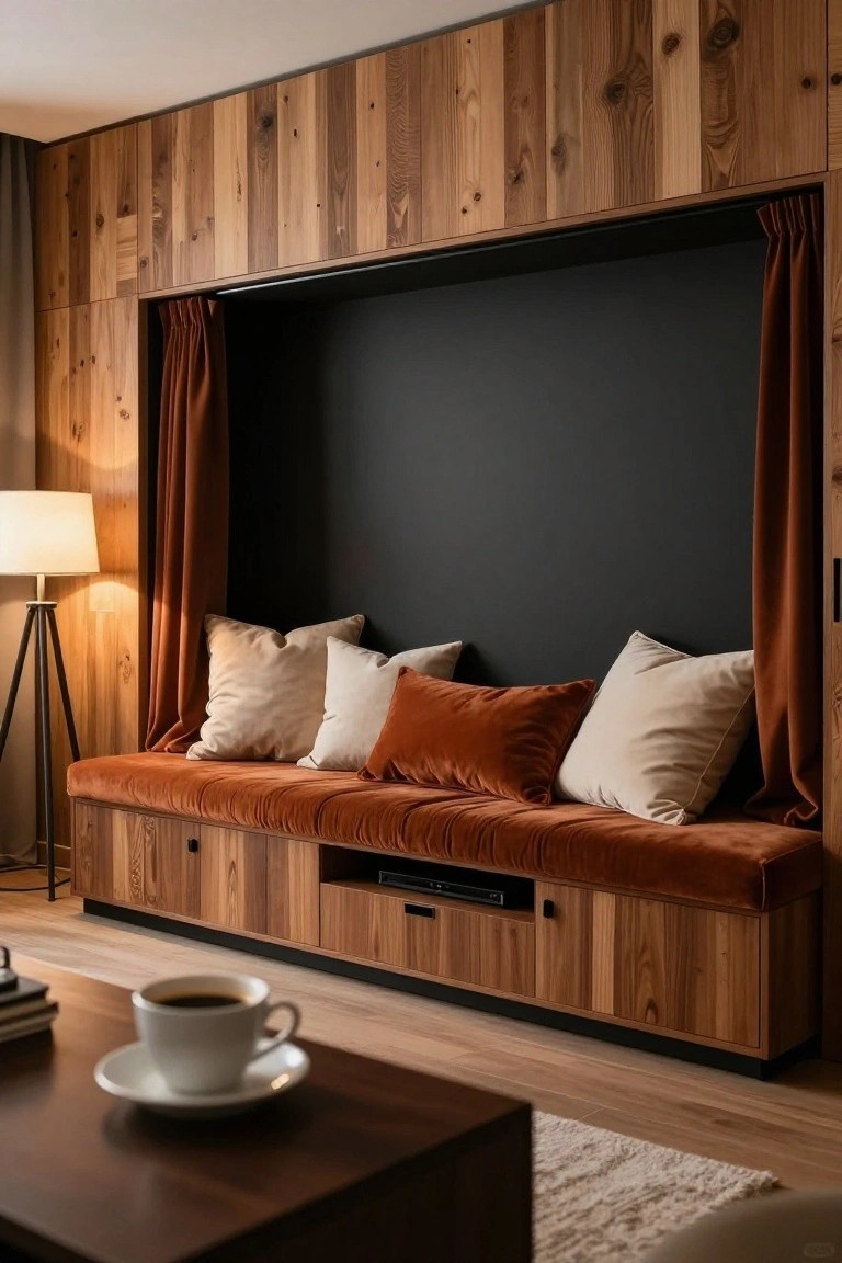 Recessed wooden bench with cognac-colored velvet cushions and pillows against a black wall, framed by rust drapes and wood paneling, with a tripod lamp and coffee cup on a side table in front.