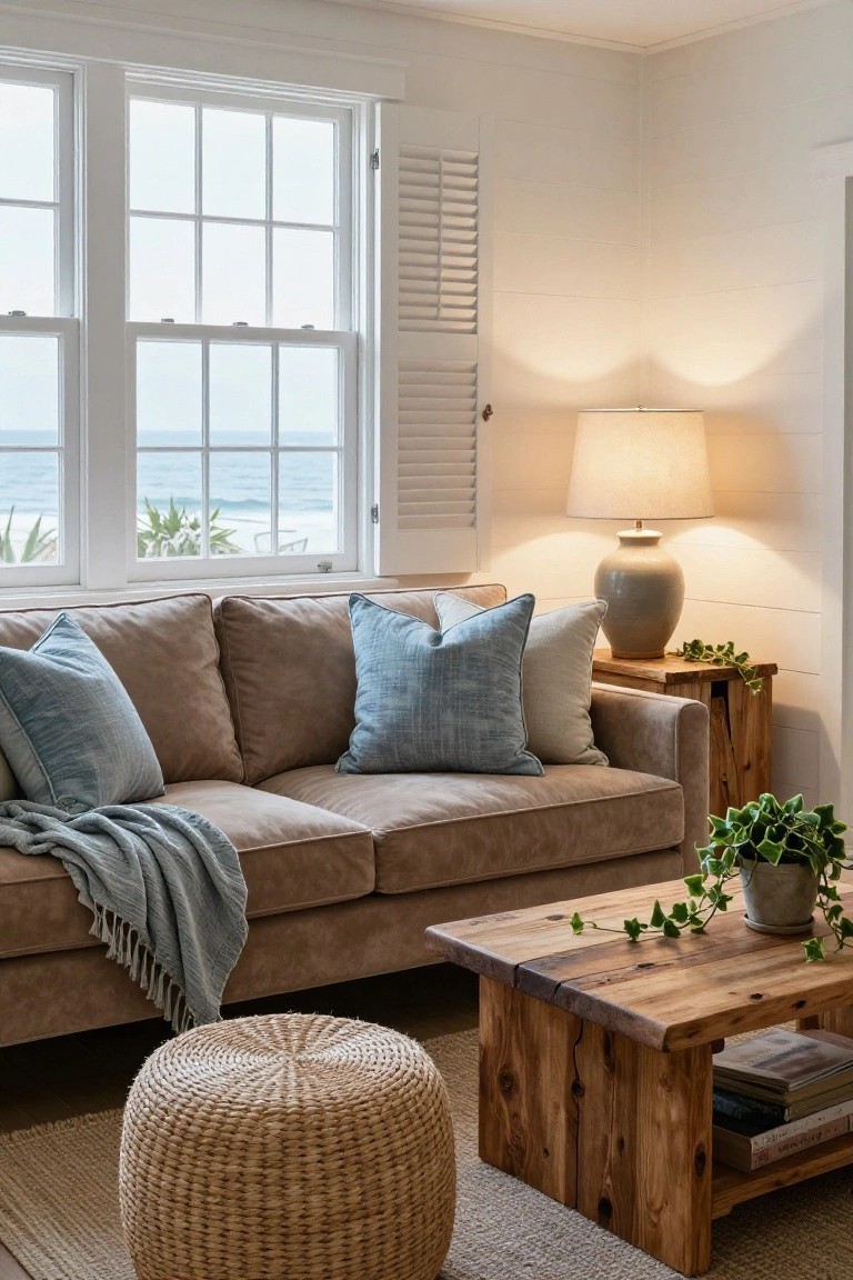 Cognac-colored suede sofa on a beige rug in a white shiplap living room with large windows showing ocean view, wooden coffee table, side table with lamp, and potted plants.