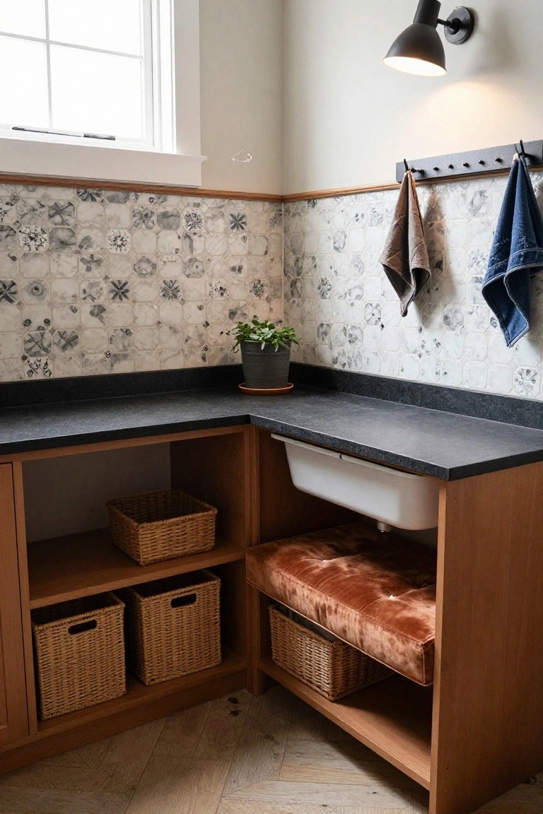 Wooden corner cabinet with black countertop and white sink, cognac velvet cushion on bench below sink, wicker baskets on shelves, hanging towels on rack, small potted plant on counter, tiled backsplash and window in laundry room.