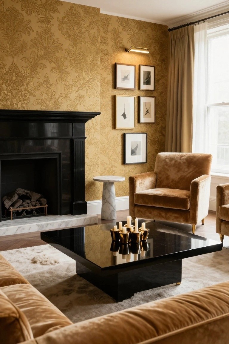 Sitting room interior with ornate gold wallpaper on walls, black fireplace with logs, cognac velvet L-shaped sofa and armchairs around black glass coffee table topped with gold candelabra, marble pedestal table beside one chair, and several black-framed artworks hung in a grid.