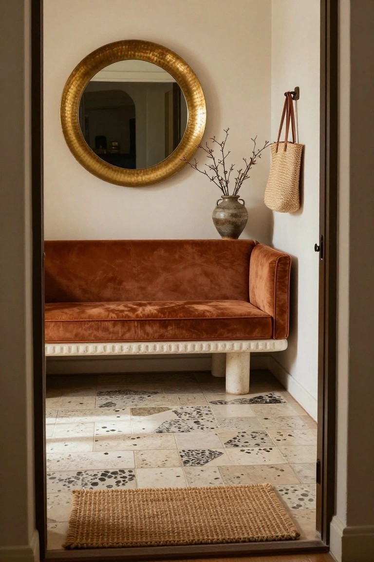 A cognac velvet bench sofa in a light entryway corner next to a large round brass mirror, ceramic vase with branches, hanging straw tote bag, pebble-patterned terracotta tile floor, and seagrass rug by the door.