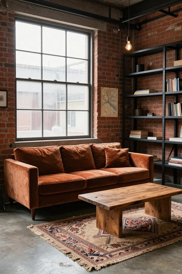 Cognac-colored velvet sofa in a room with exposed brick walls, black metal shelving units holding books, large multi-pane windows, wooden coffee table, and patterned rug on concrete floor.