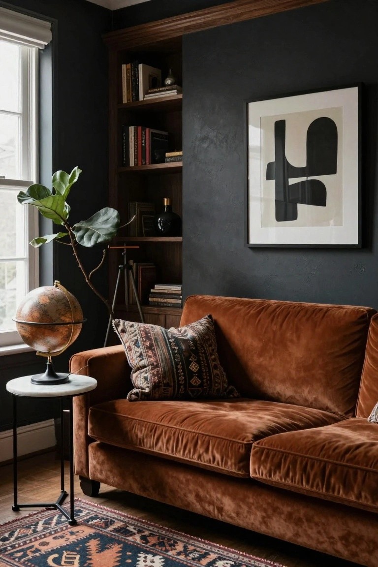 Dark gray interior room with wooden built-in bookshelves, a burnt orange velvet sofa with patterned pillows, a marble side table holding a globe next to it, a fiddle leaf fig plant, and an abstract black and white framed print on the wall.