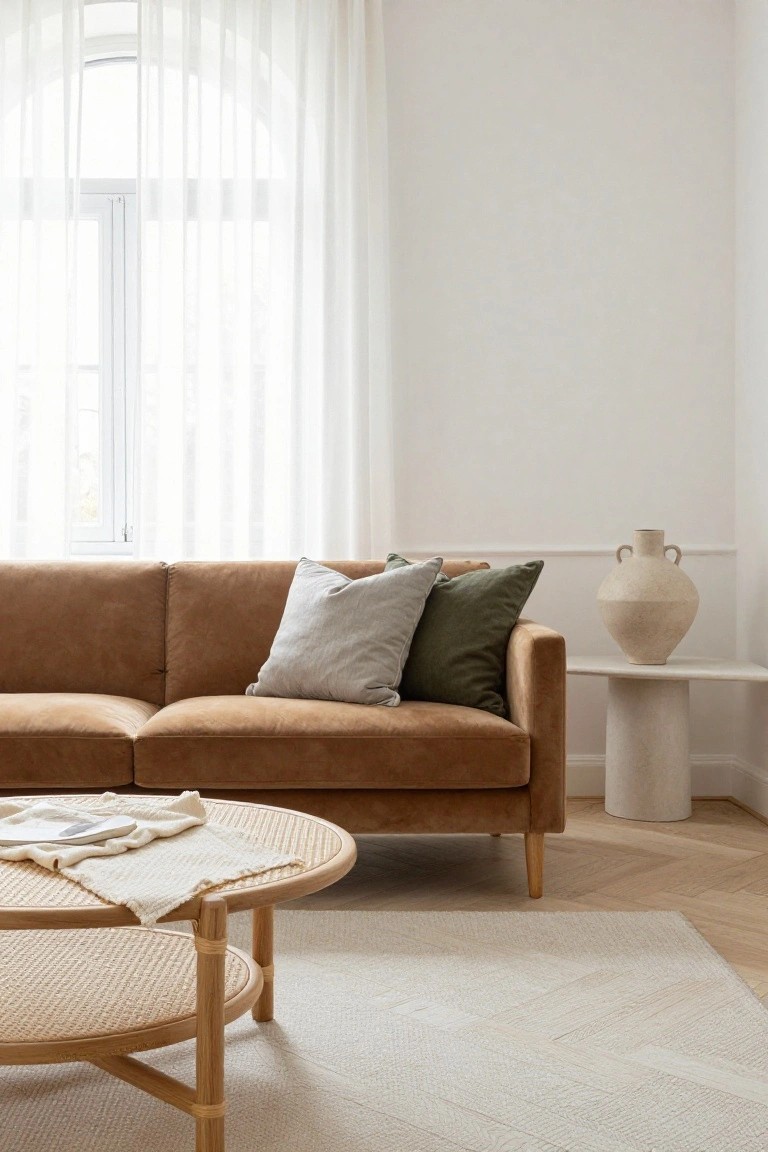 A cognac-colored two-seater velvet sofa with gray and green pillows sits in a white-walled living room near arched windows with sheer curtains, a round rattan coffee table with white cloth, and a white pedestal side table holding a large beige ceramic vase on light wood floors with a white rug.