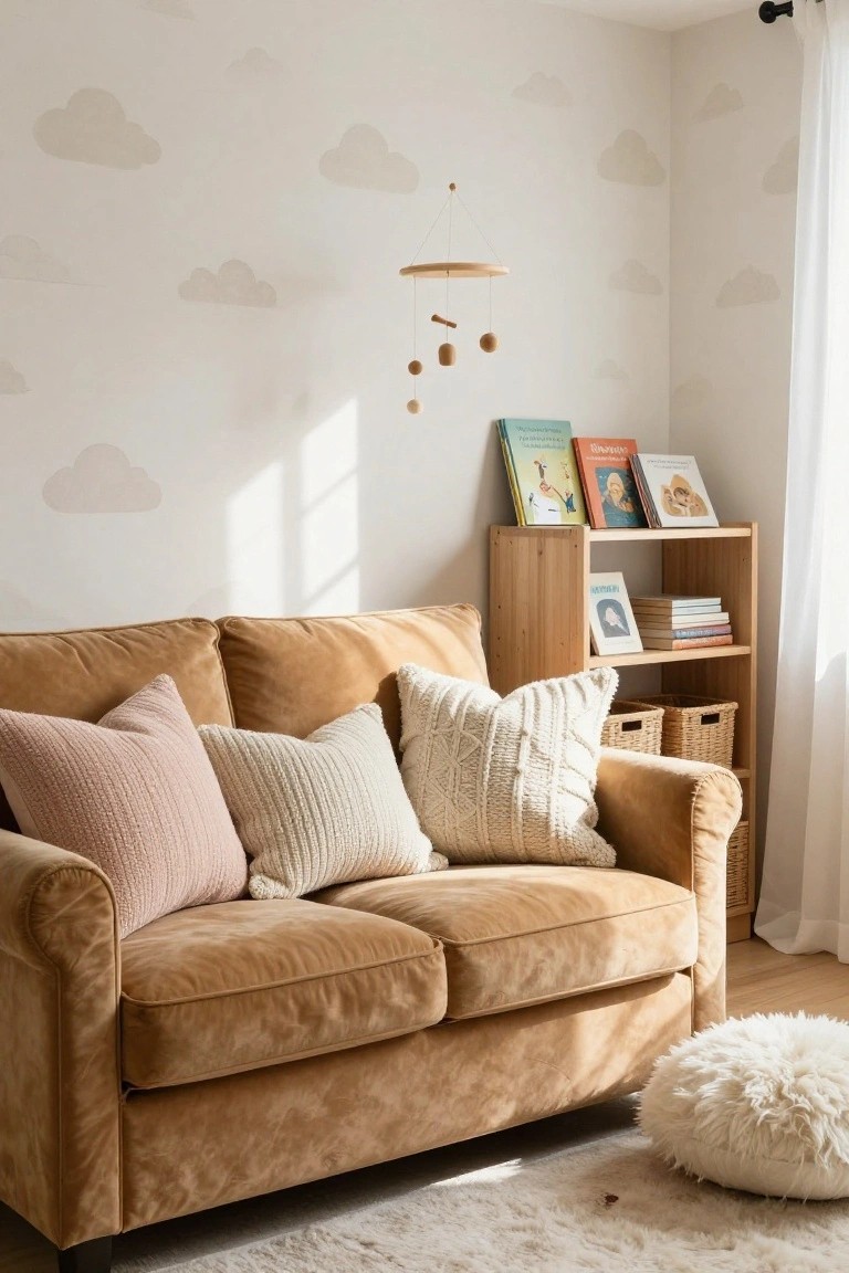 Cozy brown velvet sofa with pillows near wooden bookshelf and cloud wallpaper.