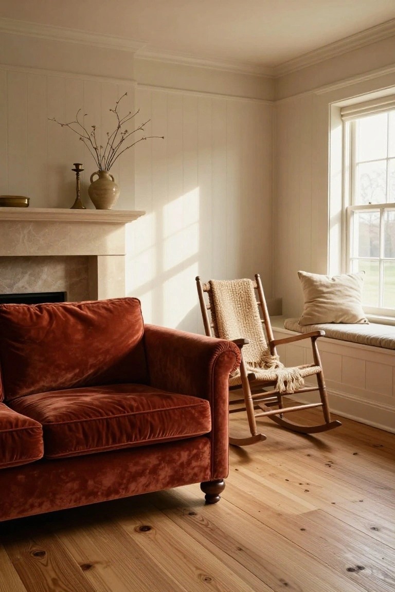 A cognac-colored velvet sofa sits in a sunlit living room with white shiplap walls, a marble fireplace mantel holding a vase and candle, a wicker rocking chair with blanket near a window seat with pillow, and light hardwood floors.