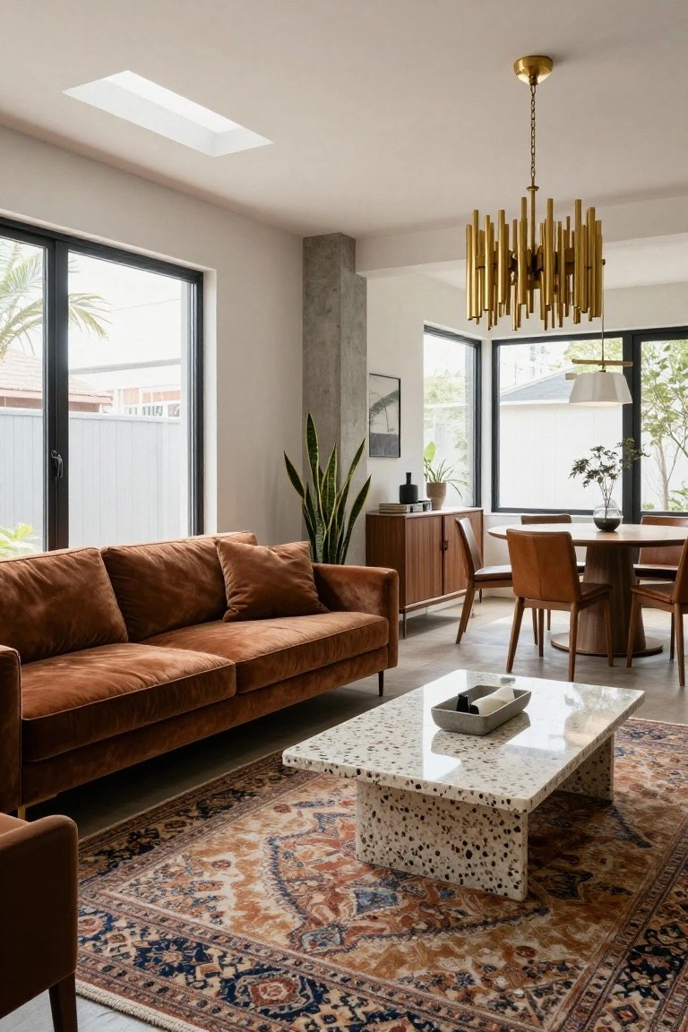 Open-plan interior with cognac-colored velvet L-shaped sofa, white terrazzo coffee table on orange and blue Persian rug, round wooden dining table with brown leather chairs, potted plants, and large windows with outdoor views.