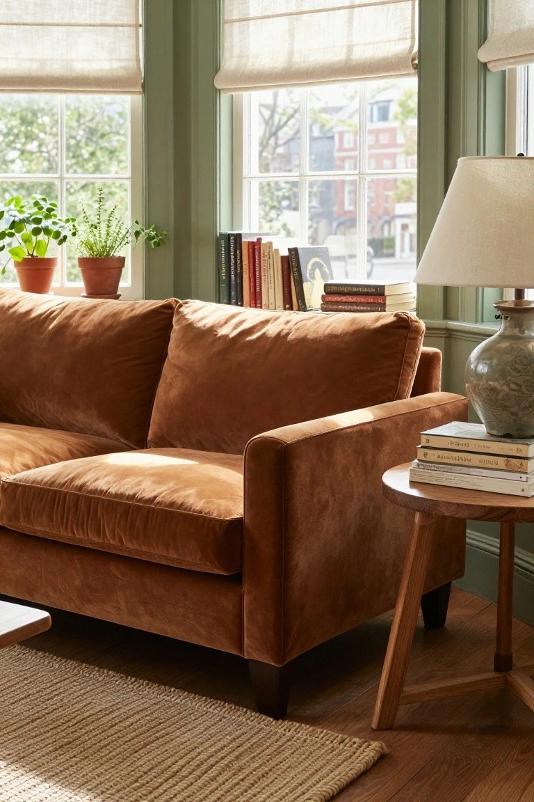Burnt orange velvet sofa in a sage green living room with large multipane windows, potted plants on sills, bookshelves, stacked books on a round wood side table, and a ceramic lamp.