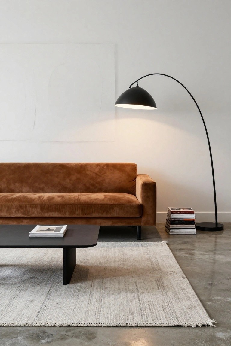 Modern living room with cognac velvet sofa, black arched floor lamp over low black coffee table with stacked books, light woven rug on polished concrete floor, white walls.