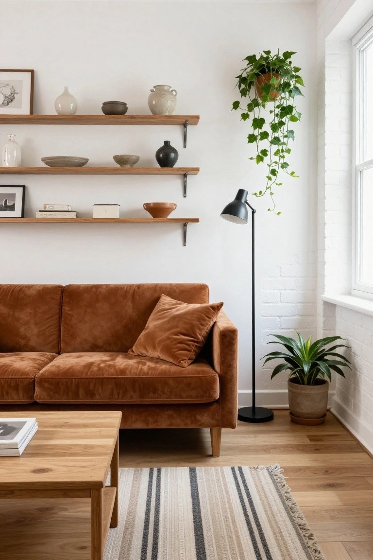 Cognac-colored velvet sofa in a living room with three tiers of wooden floating shelves displaying pottery, vases, books, and a hanging ivy plant, next to a black floor lamp, potted snake plant, wooden coffee table, and striped rug on oak floors.