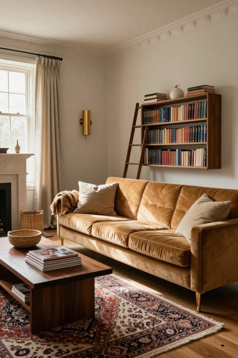 Cognac velvet three-seater sofa on brass legs in a light beige living room with wooden ladder bookshelf on wall filled with books, wood coffee table, Persian rug, fireplace, and window with curtains.