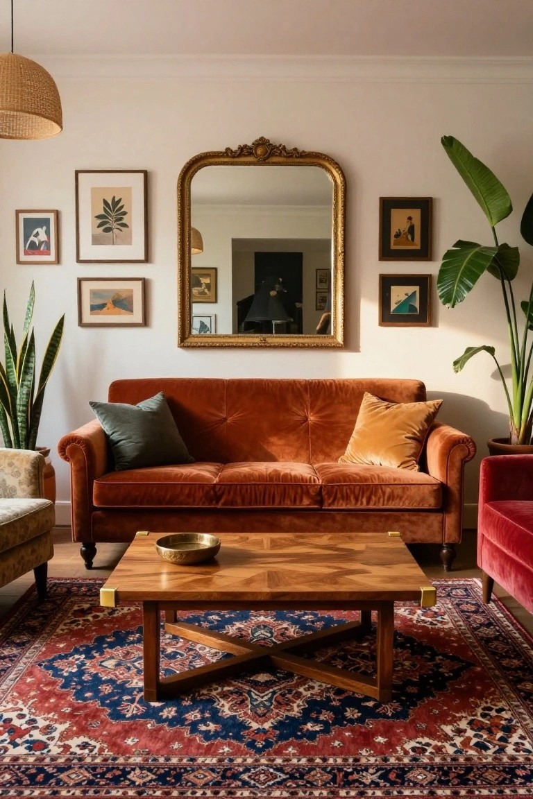 Living room with tufted burnt orange velvet sofa on red and blue oriental rug, wooden coffee table with brass bowl, flanked by potted snake plants and palm, gold-framed mirror, eclectic art on cream walls, and wicker pendant light.