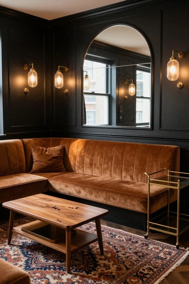 Corner of a black paneled room with tufted cognac velvet L-shaped sofa, wood coffee table with knots, gold bar cart, arched mirror on wall, wall sconces, and Persian-style rug on wood floor.