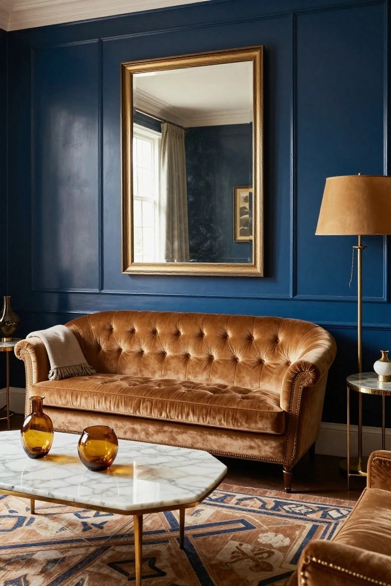 Cognac-colored tufted velvet sofa in a deep navy paneled room with gold-framed mirror, brass floor lamp, marble coffee table, and amber glass vases.