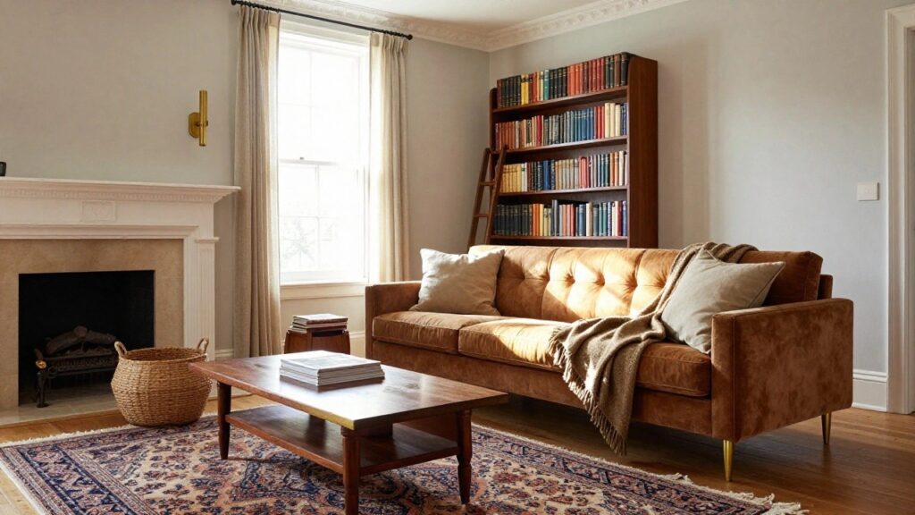Cognac velvet three-seater sofa on brass legs in a light beige living room with wooden ladder bookshelf on wall filled with books, wood coffee table, Persian rug, fireplace, and window with curtains.