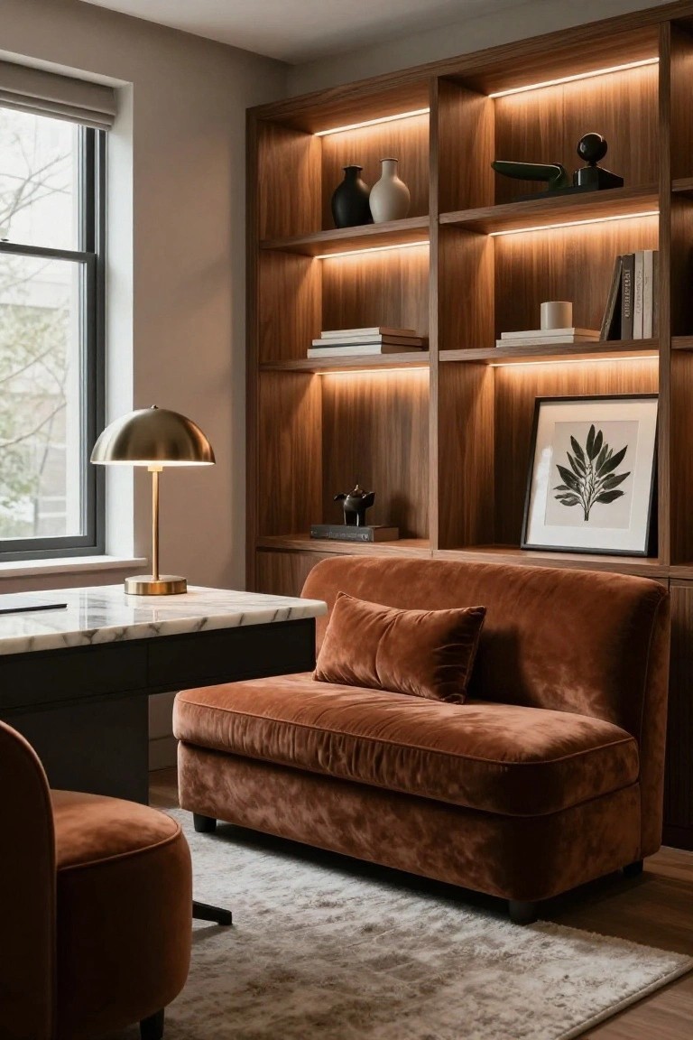 Modern home office interior with cognac velvet loveseat and matching pouf beside marble-top desk, flanked by tall wooden bookshelves with LED lighting, gold desk lamp, and window with roller shade.
